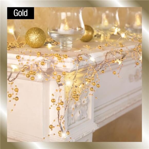 Indoor Christmas Decorations, Festive Lighted Berry Beaded Garland Gold 120" L - Picture 6 of 8